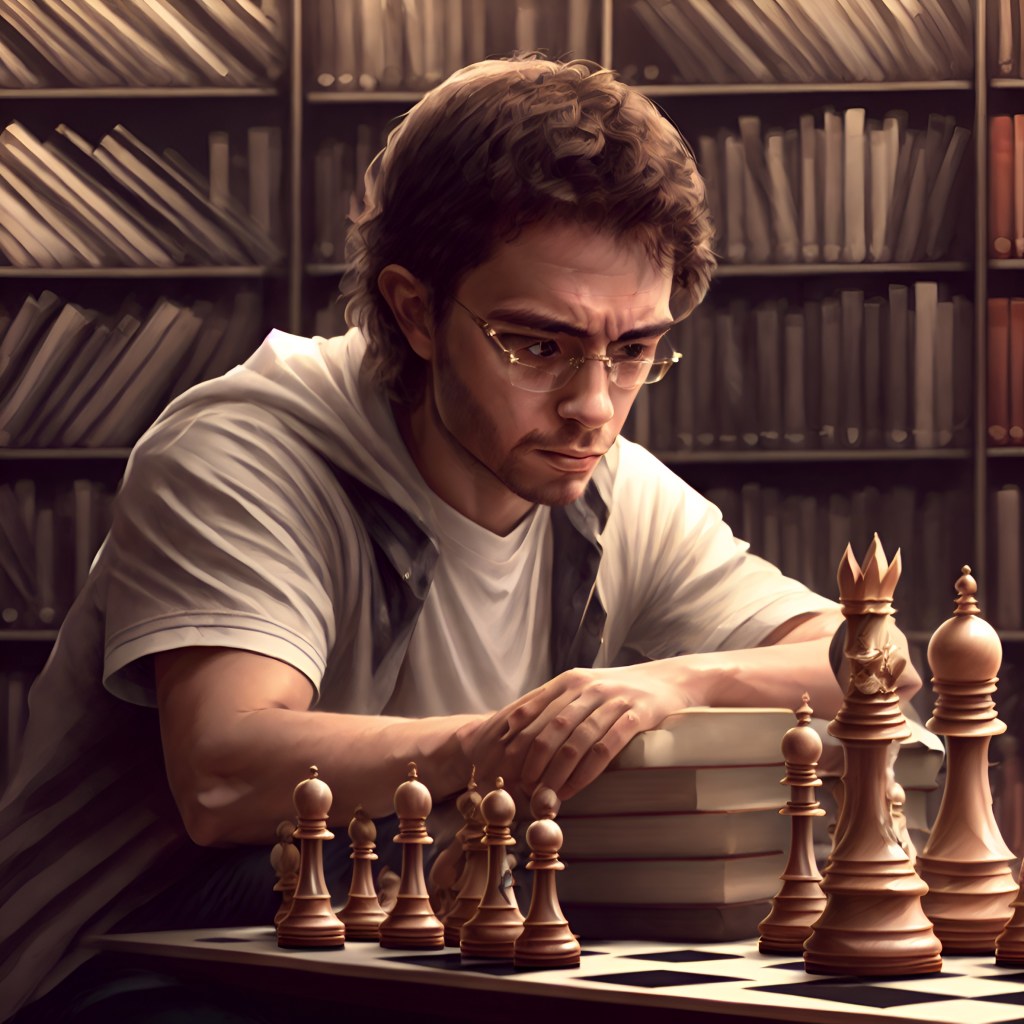 A chess coach is seated at a table in a library with a chess board and a stack of books to study.