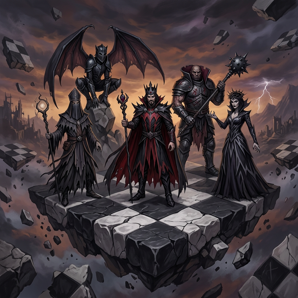 Five dark fantasy characters on a floating black and white chessboard in a stormy sky