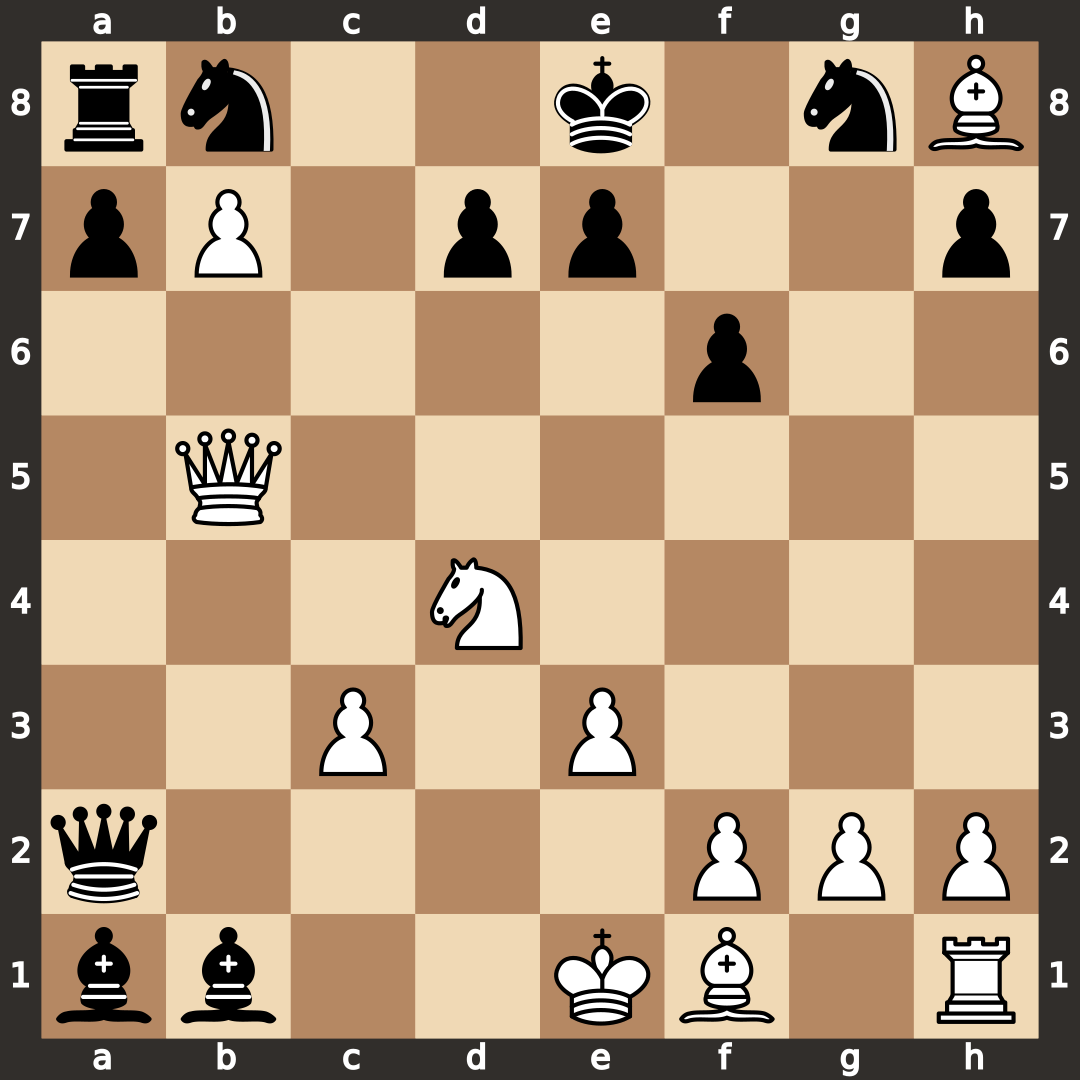 Chess board after 14.b7, Black to move, rook on a8 attacked